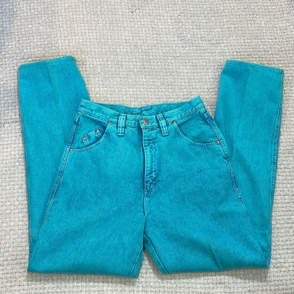 1980's Wrangler Turquoise High Rise Cowgirl Jeans Bare Back Size 11/12 - Picture 3 of 12